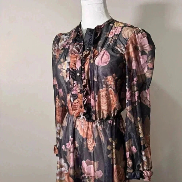 Vintage Floral Sheer Midi Dress Smocked Waist Puff Sleeves - Picture 4 of 8